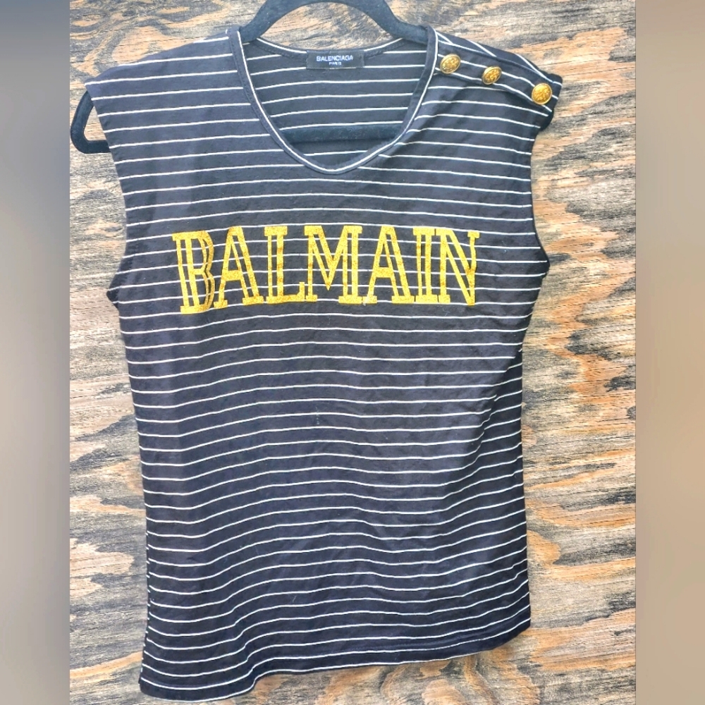 Balmain Balenciaga Graphic Print Striped Crewneck Top
